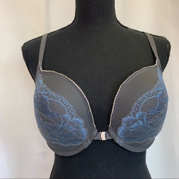 La Senza beyond sexy gray rhinestone trim blue lace bra Sz 36D - Picture 10 of 10